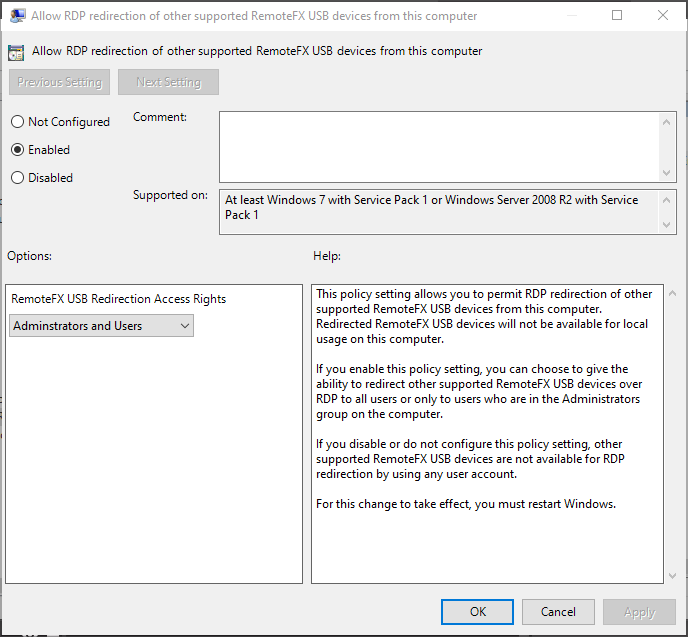 Group policy settings for enabling RemoteFX on the local client side.