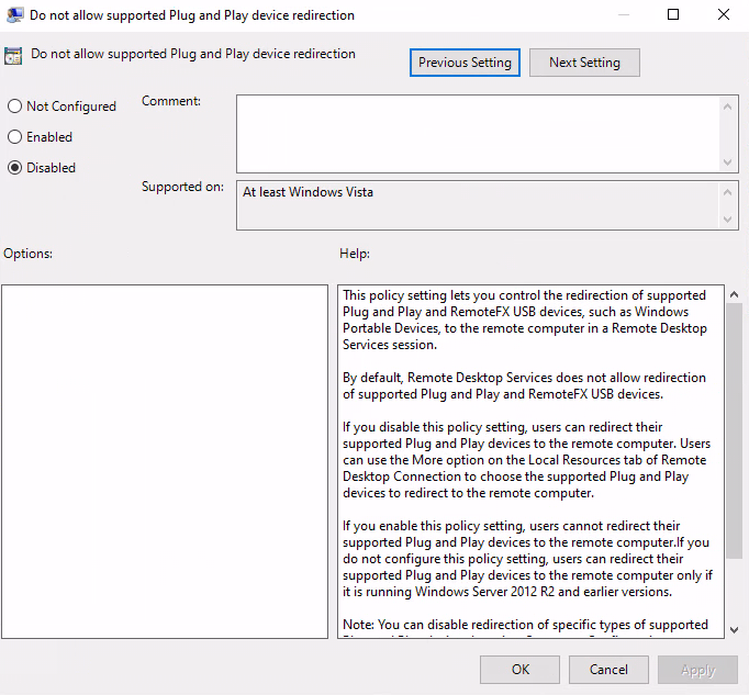 Group policy settings for enabling USB devices on the remote host side.