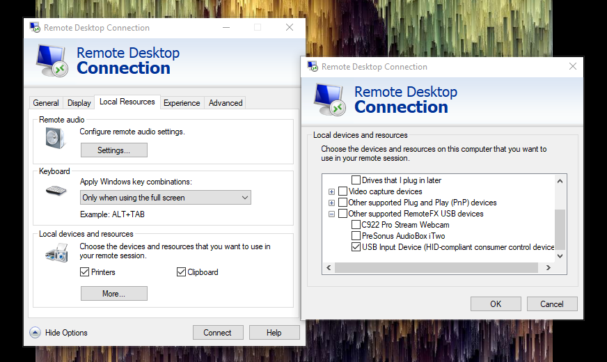 Edit the RDP session settings to allow USB connectivity.