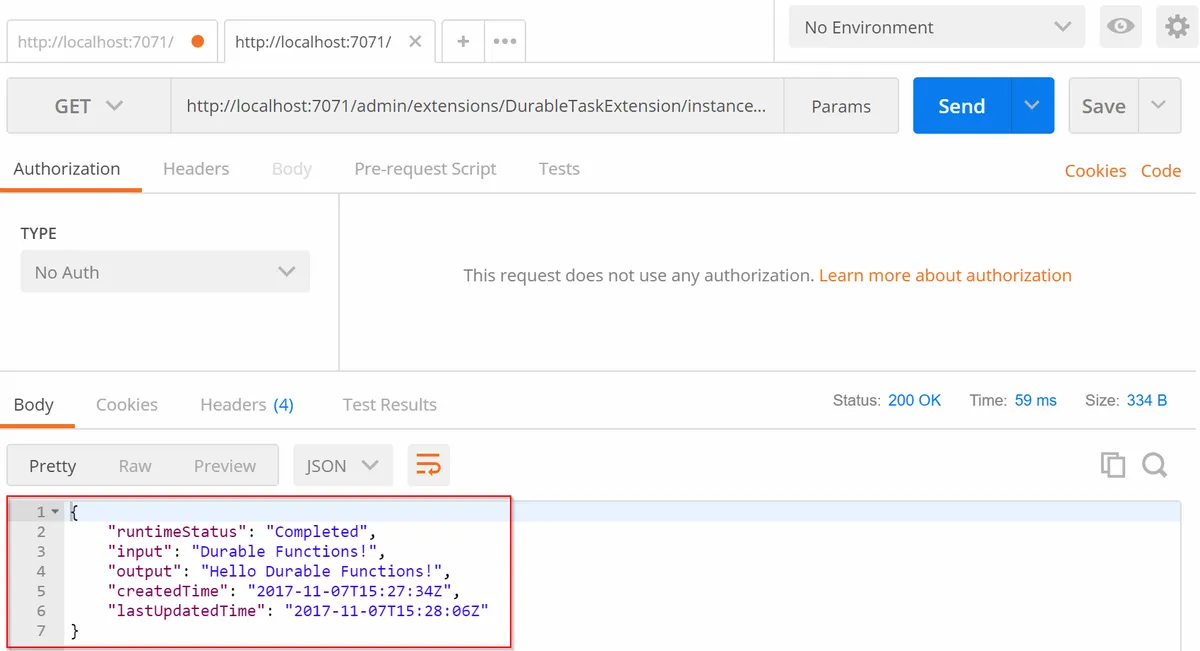 Request and response to the statusQueryGetUri endpoint