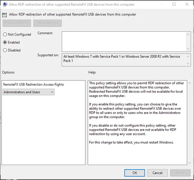 Group policy settings for enabling RemoteFX on the local client side