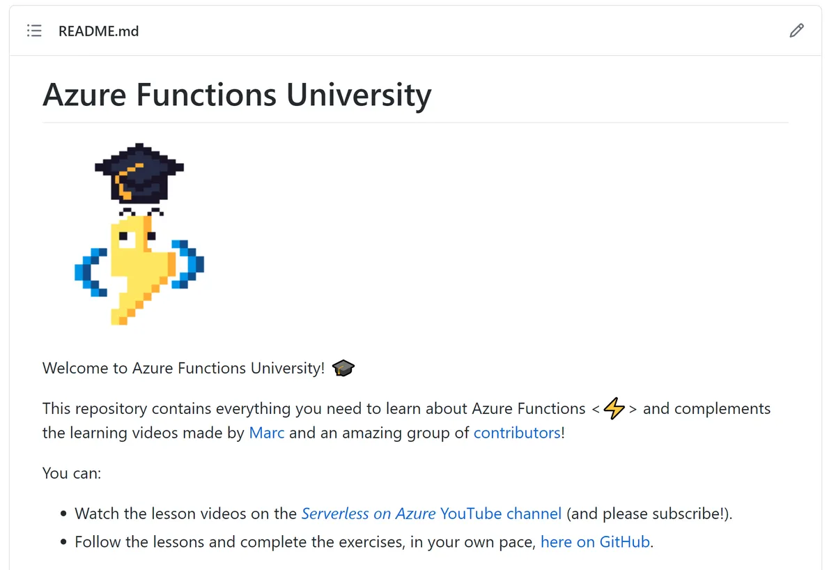 Screenshot of the Azure Functions University GitHub repository