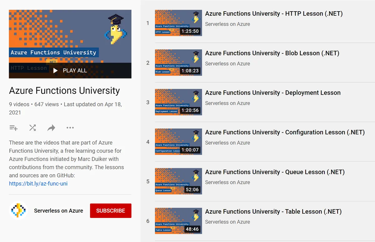 Screenshot of the Azure Functions University playlist on YouTube